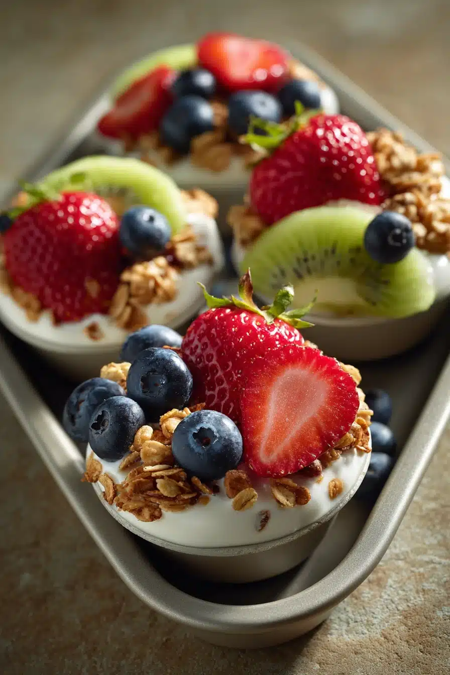 Close-up of frozen yogurt in a muffin tin with bright natural lighting