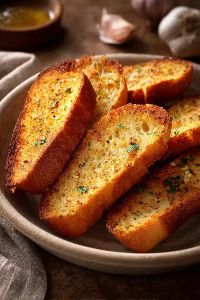 Close-up of freshly baked garlic bread with a golden crust and herbs