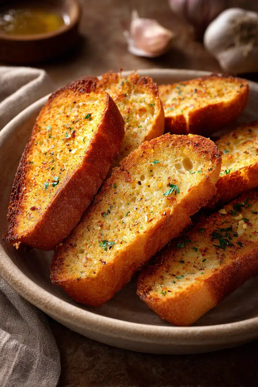 Close-up of freshly baked garlic bread with a golden crust and herbs