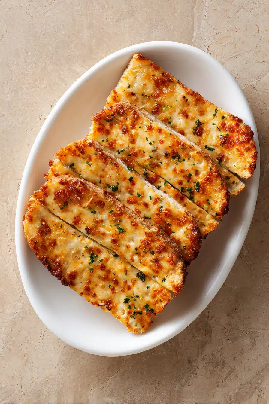 Close-up of garlic bread made with pizza dough, showcasing golden crust and herbs.