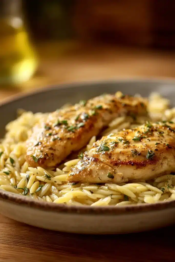 Close-up of Garlic Butter Lemon Chicken Orzo with visible garlic and butter in bright lighting