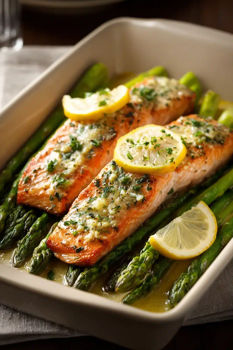 Close-up of garlic butter salmon with lemon asparagus on a white plate