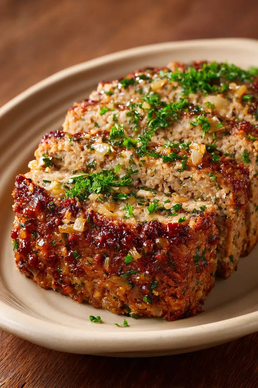 Close-up of Garlic Parmesan Meatloaf with creamy sauce and herbs