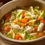 Close-up of Ginger Scallion Chicken Noodle Soup with vibrant colors and clear textures