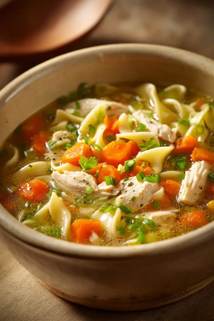 Close-up of Ginger Scallion Chicken Noodle Soup with vibrant colors and clear textures