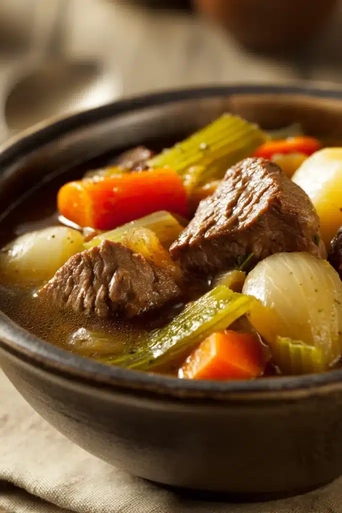 Close-up of a hearty gluten-free beef stew with vegetables in a bowl.