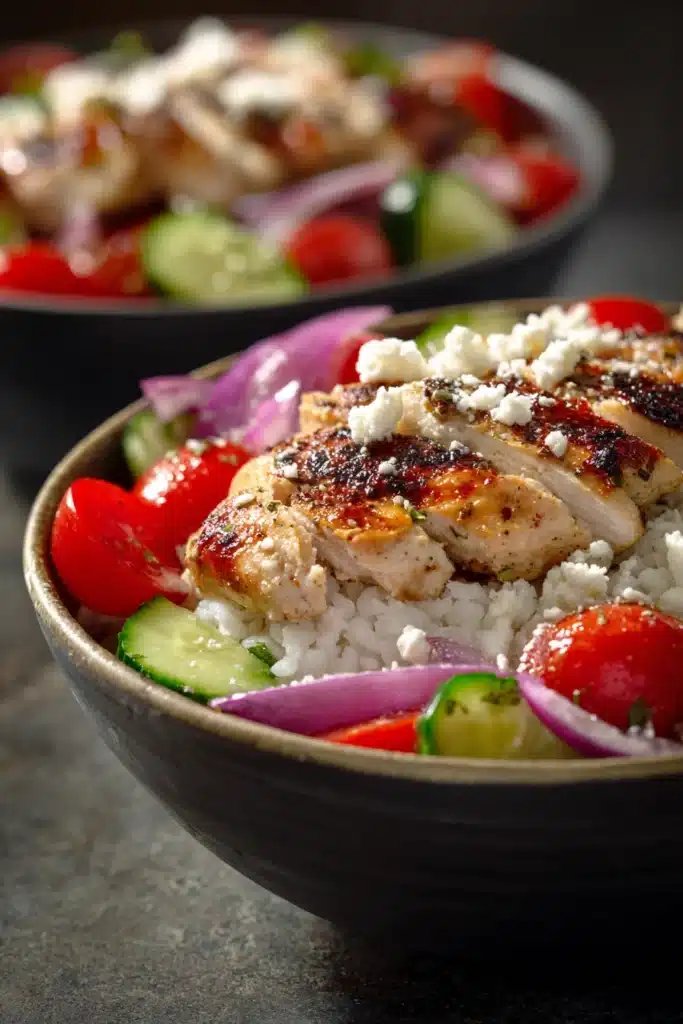 Close-up of Greek chicken bowls with fresh vegetables and herbs.