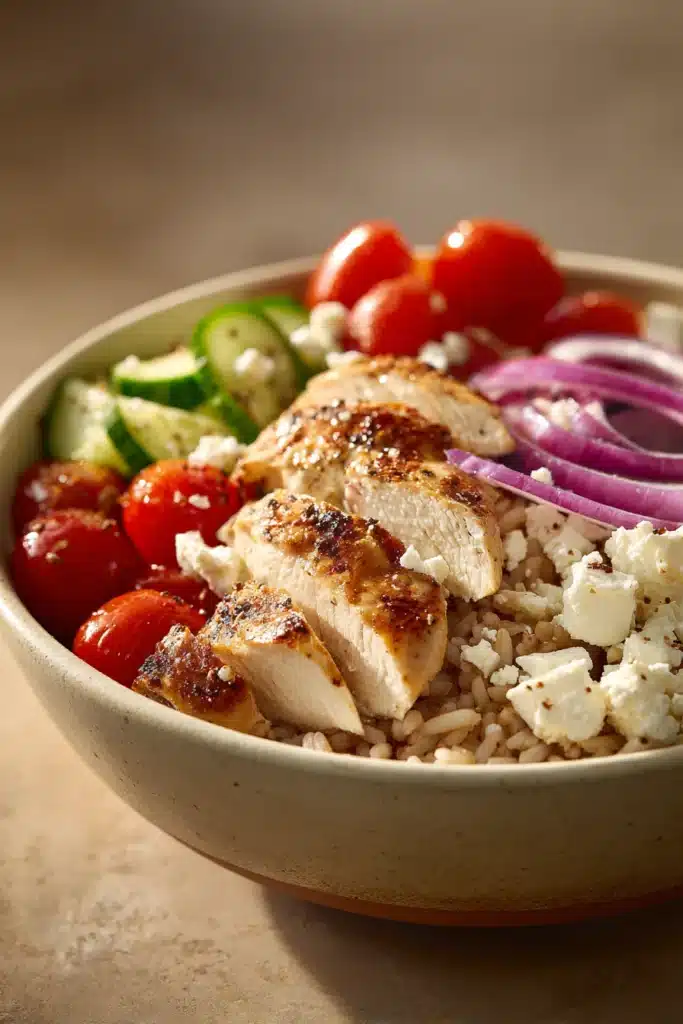 Close-up of Greek chicken rice bowl with cucumber, rice, and herbs in a white bowl.