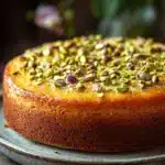 Close-up of a greek yogurt pistachio cake with creamy texture and pistachio topping