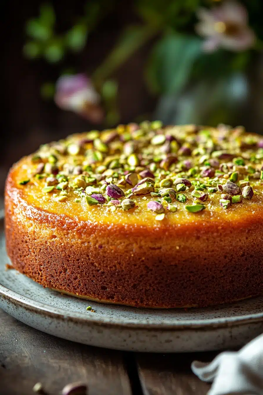 Close-up of a greek yogurt pistachio cake with creamy texture and pistachio topping