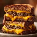 Close-up of a grilled cheese patty melt with melted cheese and crispy bread.