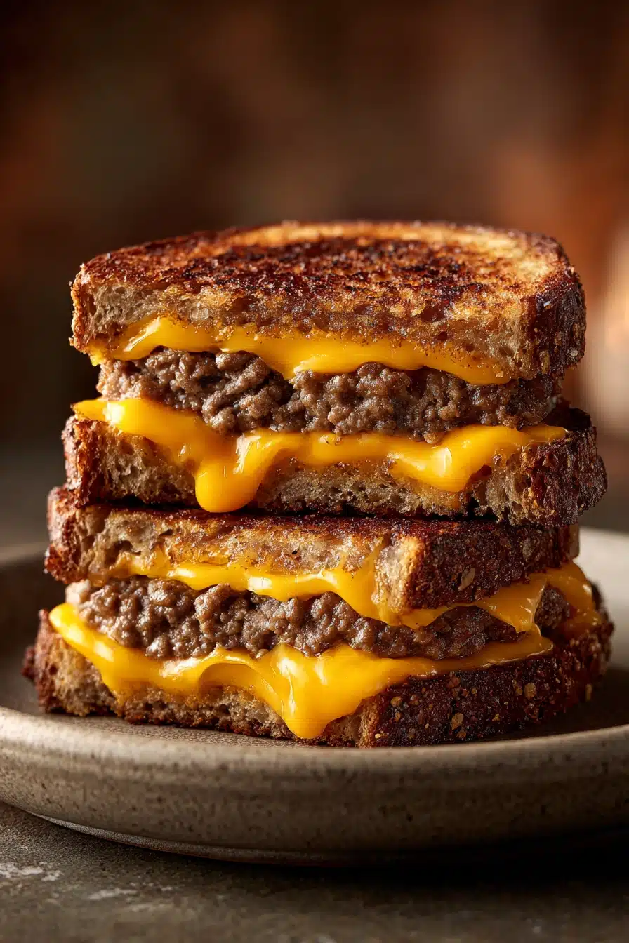 Close-up of a grilled cheese patty melt with melted cheese and crispy bread.