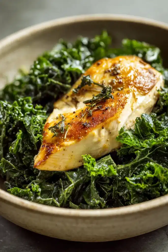 Close-up of grilled chicken breast with fresh kale on a white plate