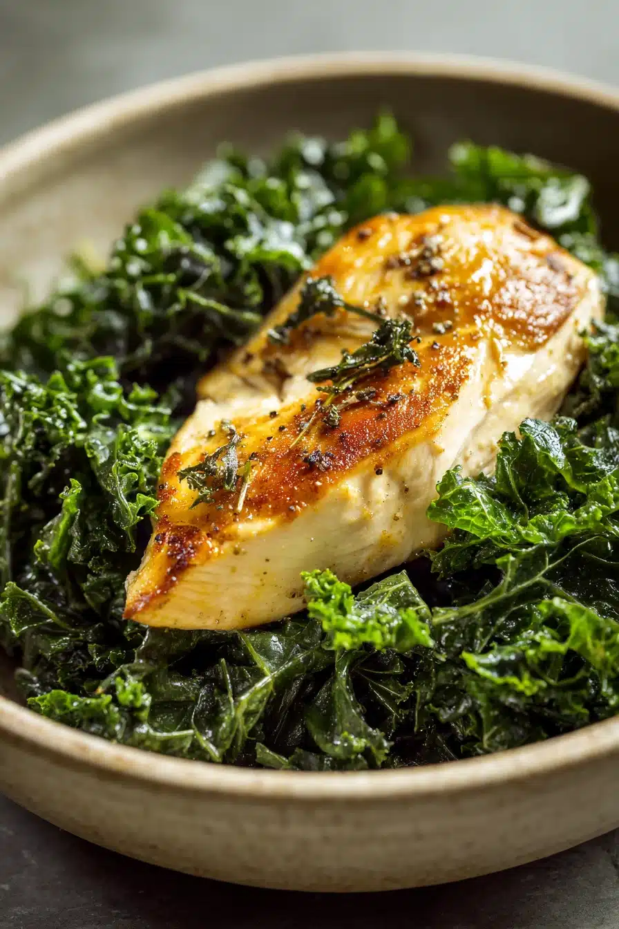 Close-up of grilled chicken breast with fresh kale on a white plate