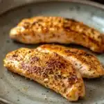 Close-up of grilled chicken breast strips with a clean background