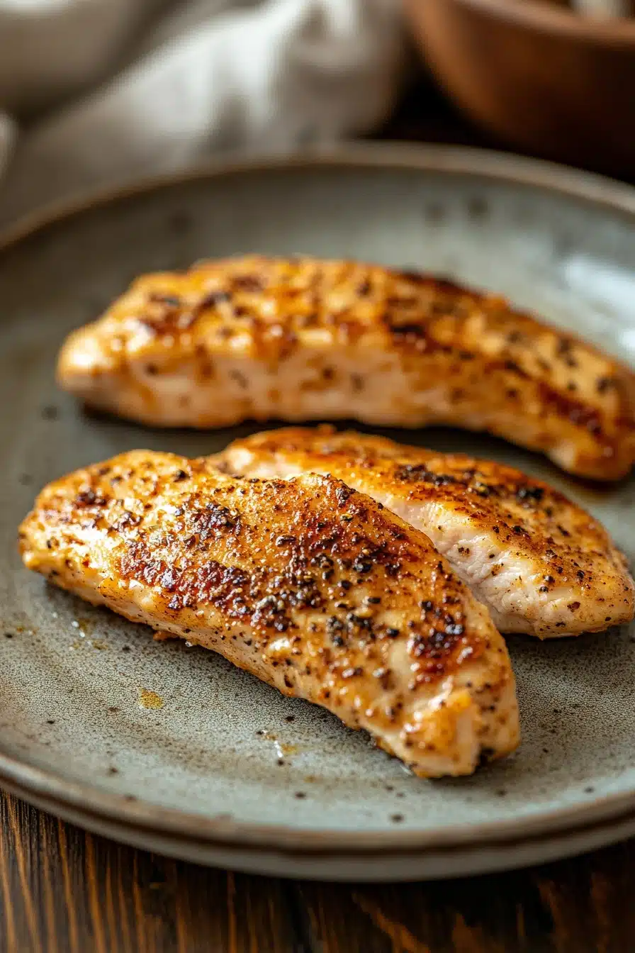Close-up of grilled chicken breast strips with a clean background