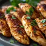 Close-up of grilled chicken breast strips with a clean background