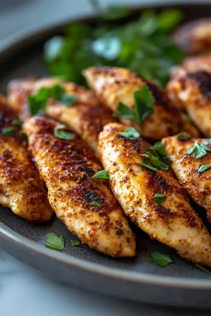 Close-up of grilled chicken breast strips with a clean background