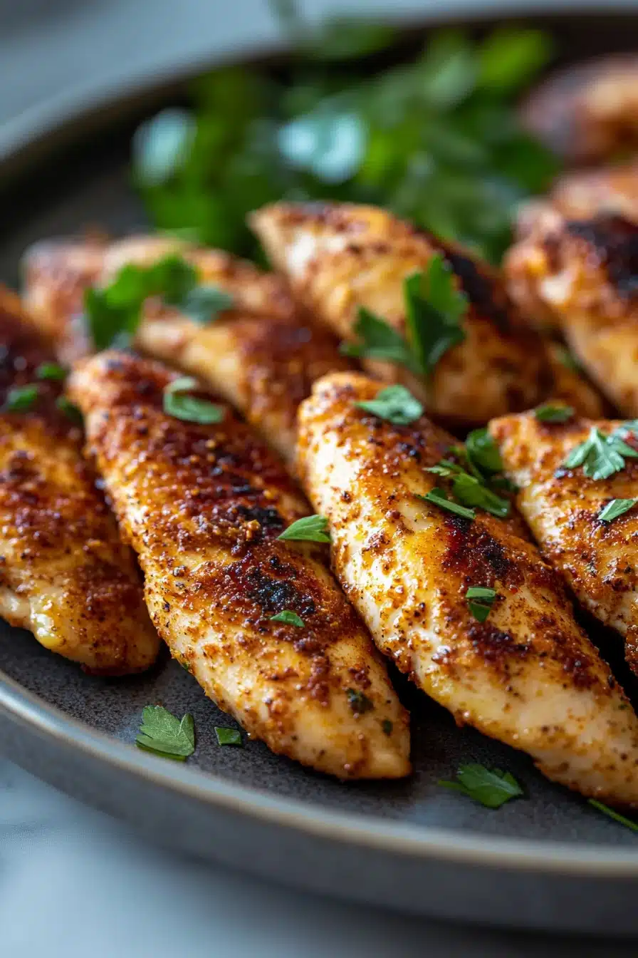 Close-up of grilled chicken breast strips with a clean background