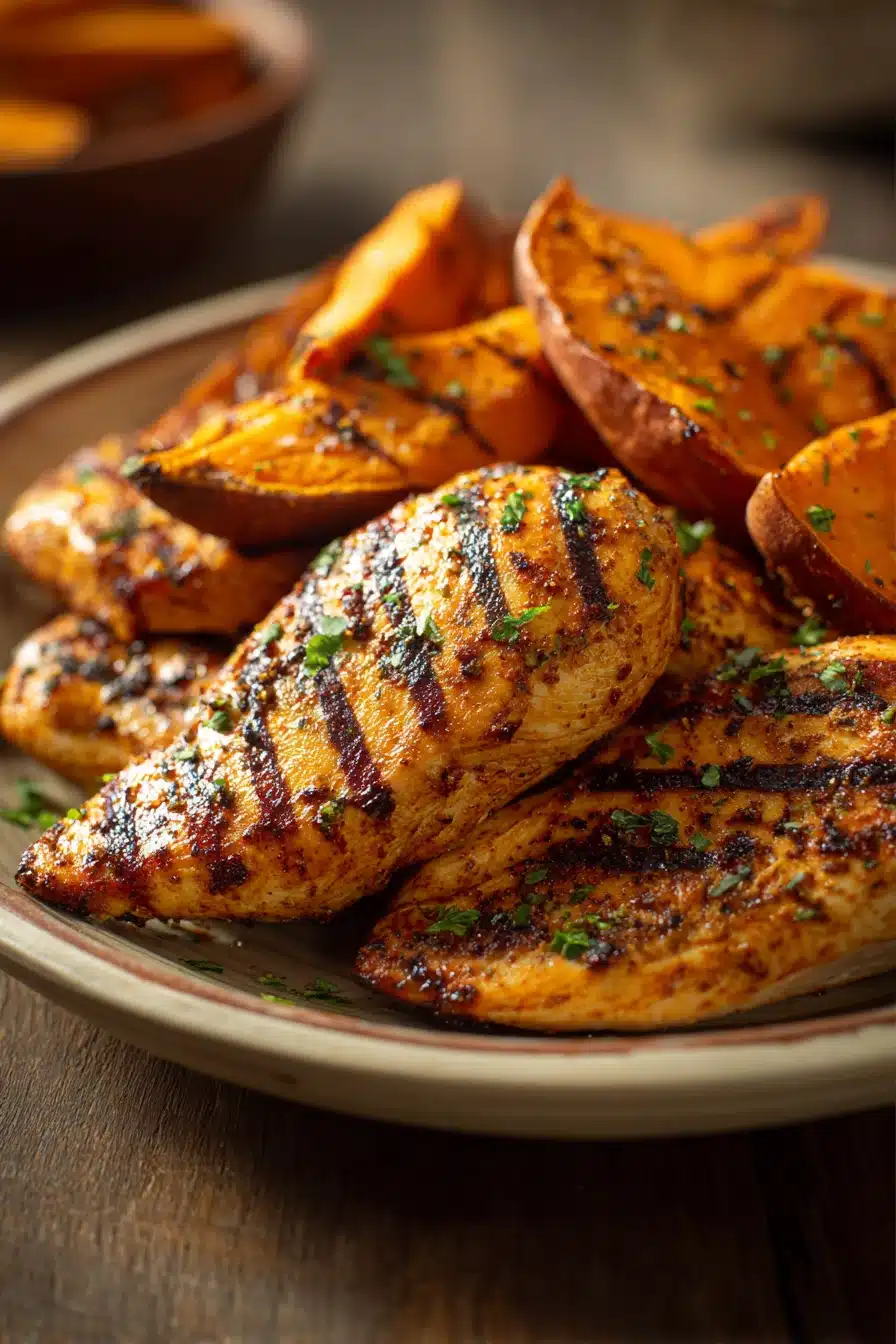 Close-up of grilled chicken and sweet potatoes with bright lighting and minimal background.