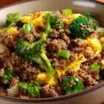 Close-up of ground beef and broccoli fried quinoa with vibrant colors and fresh ingredients