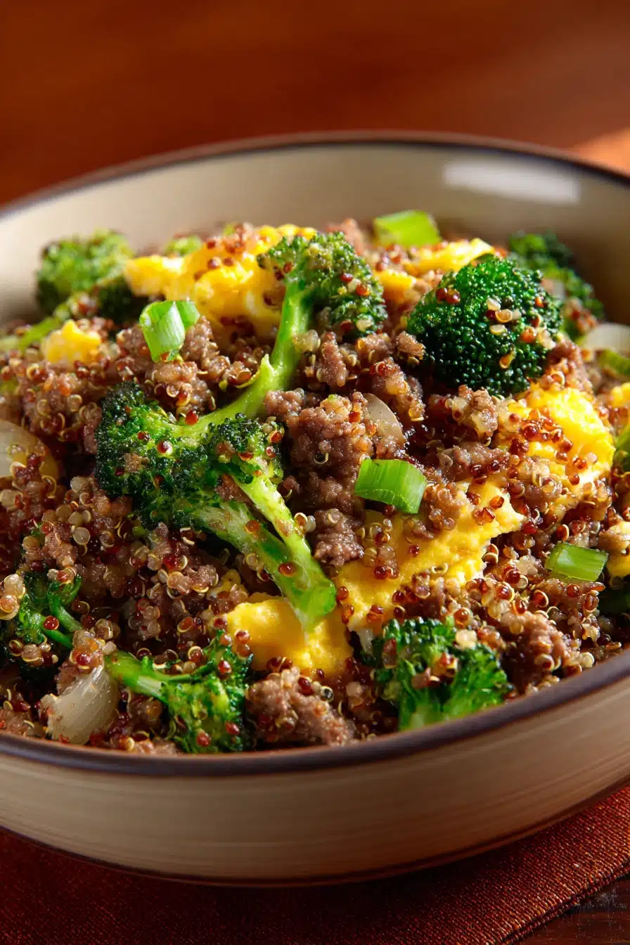 Close-up of ground beef and broccoli fried quinoa with vibrant colors and fresh ingredients