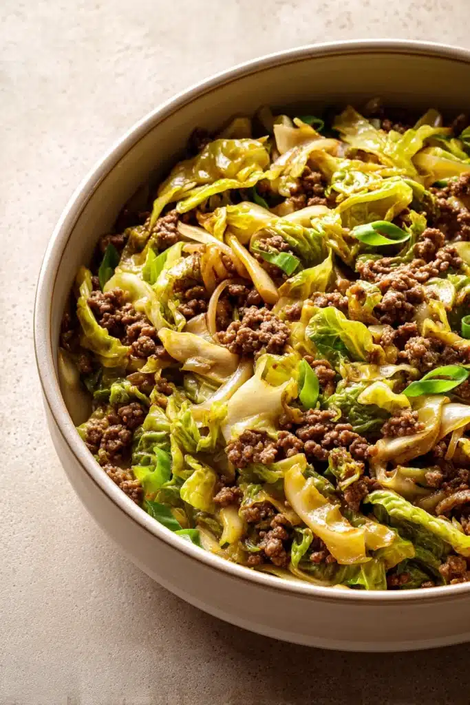 Close-up of ground beef and cabbage stir fry with vibrant vegetables