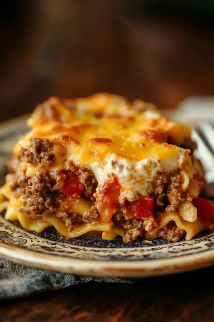 Close-up of a ground beef casserole with egg noodles, topped with melted cheese and herbs.