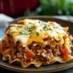 Close-up of a ground beef casserole with egg noodles, topped with melted cheese and herbs.