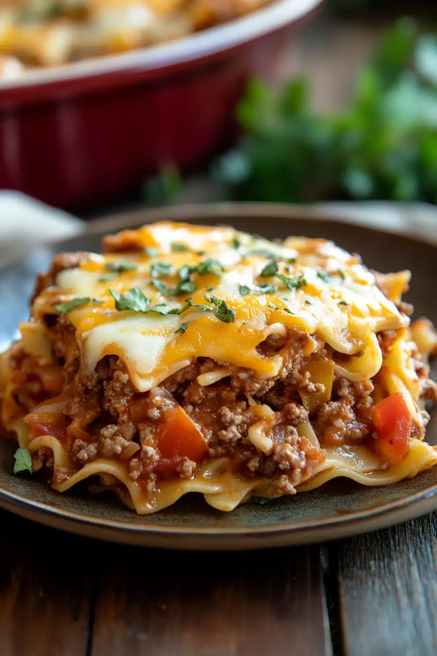 Close-up of a ground beef casserole with egg noodles, topped with melted cheese and herbs.