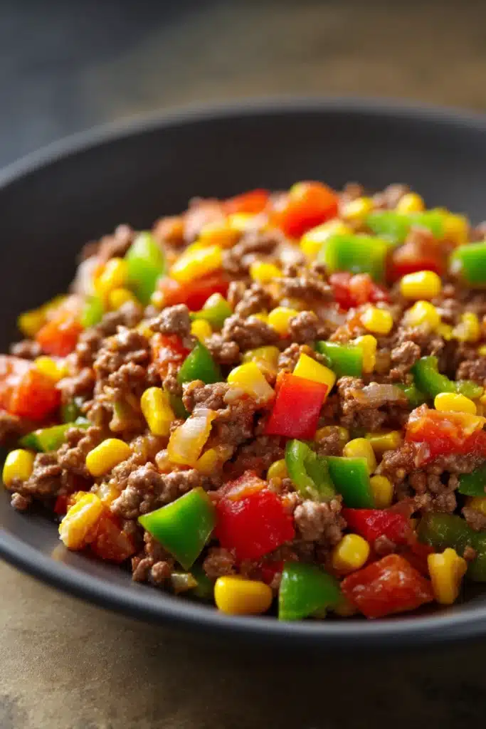 Close-up of a savory ground beef dish with bright lighting and minimal background.