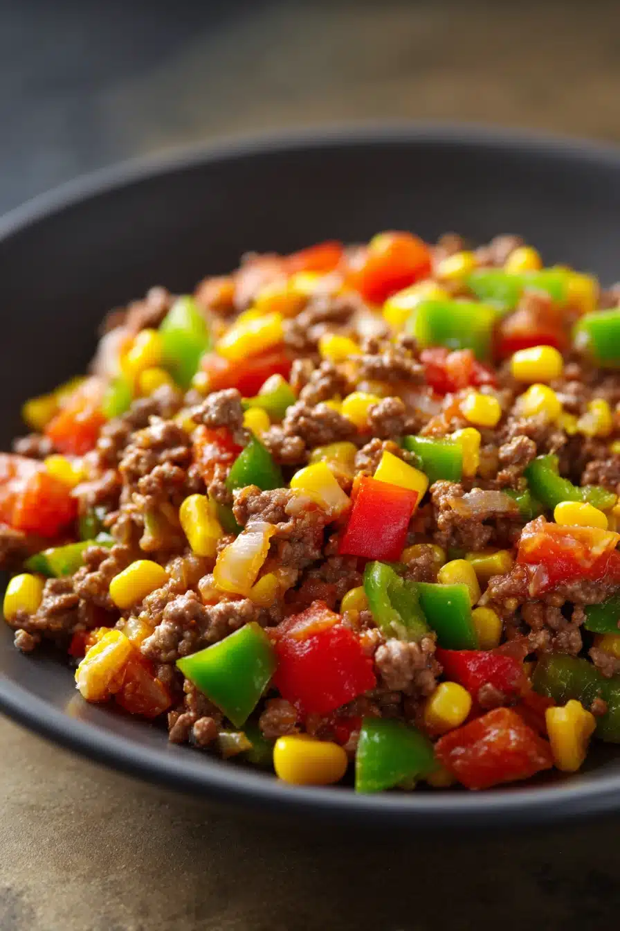 Close-up of a savory ground beef dish with bright lighting and minimal background.
