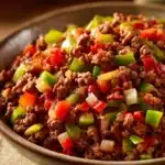 Close-up of a ground beef dish with bright lighting and minimal background