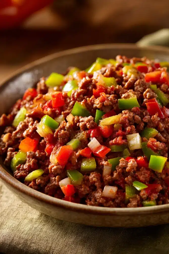 Close-up of a ground beef dish with bright lighting and minimal background