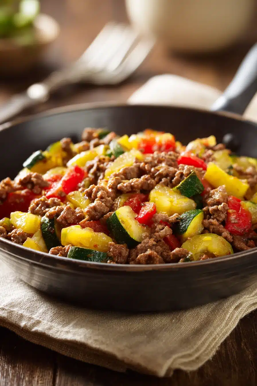 Close-up of a ground beef dish with bright lighting and minimal background, gluten free