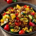 Close-up of a ground beef skillet dinner with vegetables in a pan.