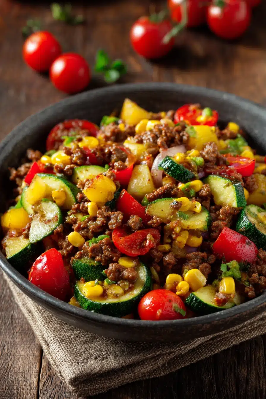 Close-up of a ground beef skillet dinner with vegetables in a pan.