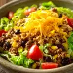 Close-up of ground beef taco rice bowls with fresh toppings and vibrant colors