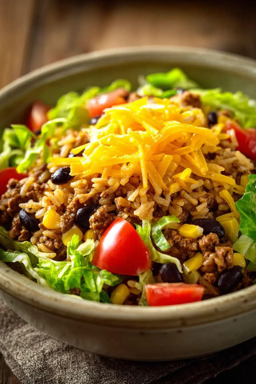 Close-up of ground beef taco rice bowls with fresh toppings and vibrant colors