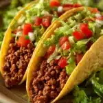 Close-up of ground beef tacos with seasoning, garnished with fresh herbs and vegetables.