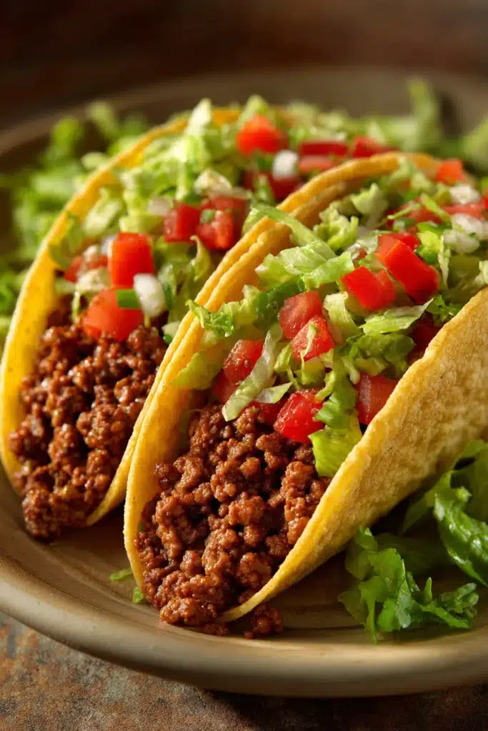 Close-up of ground beef tacos with seasoning, garnished with fresh herbs and vegetables.