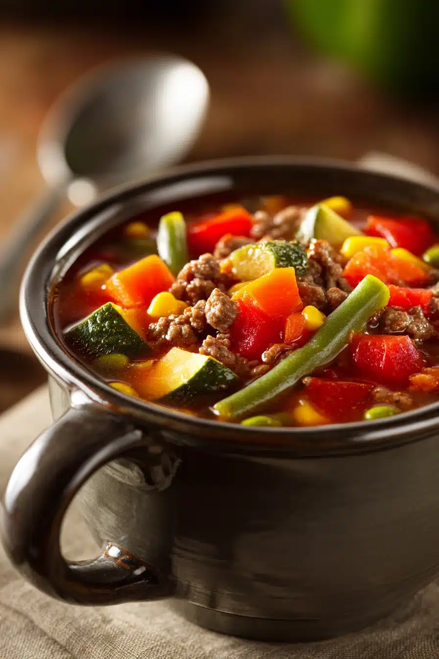 Close-up of ground beef vegetable soup with vibrant vegetables and rich broth