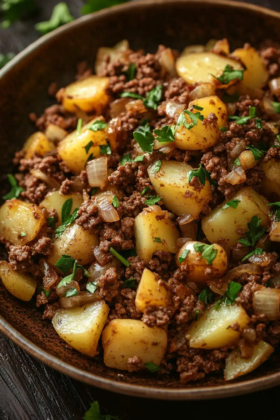 Close-up of a hearty dish with ground beef and potatoes in bright natural lighting.
