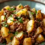Close-up of ground beef with potatoes in a bright, appetizing setting