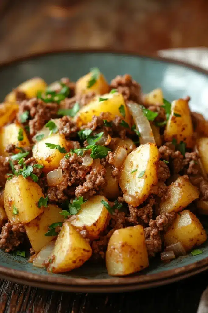 Close-up of ground beef with potatoes in a bright, appetizing setting