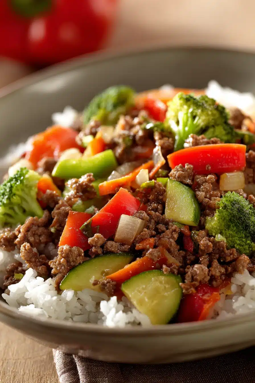 Close-up of a colorful dish with ground beef and vegetables for dinner, bright and appetizing.