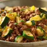 Close-up of a ground beef zucchini dish with vibrant colors and fresh ingredients.