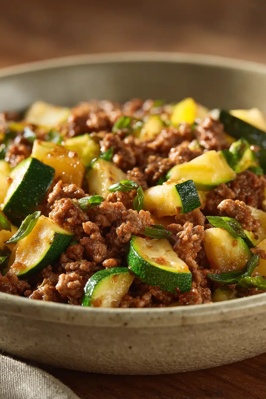 Close-up of a ground beef zucchini dish with vibrant colors and fresh ingredients.