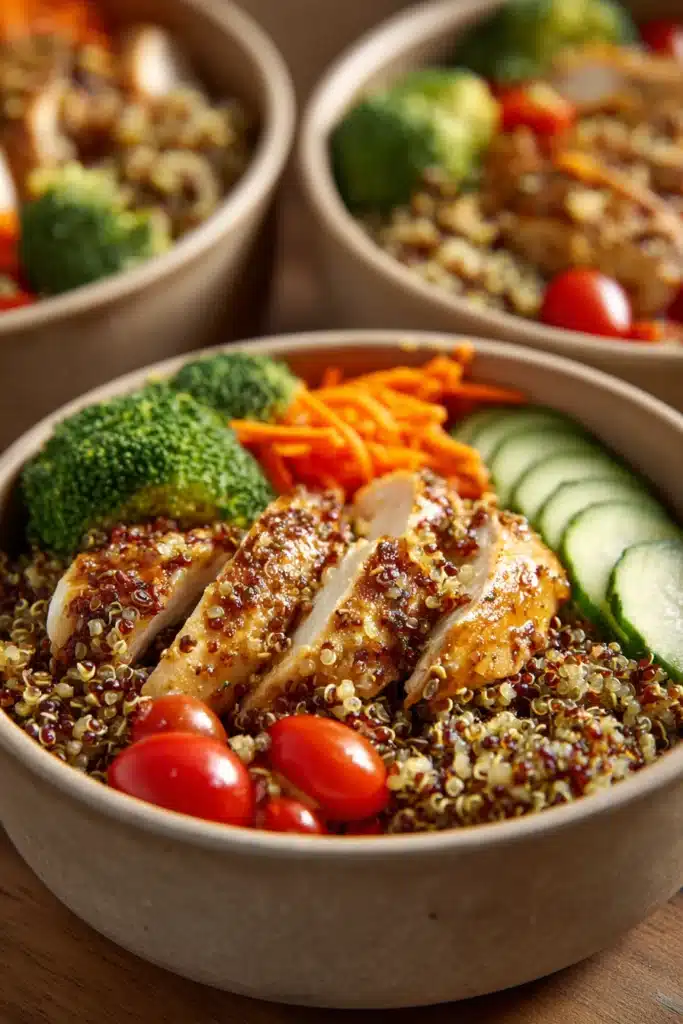 Close-up of a healthy lunch meal prep with vegetables and grains in a bright setting