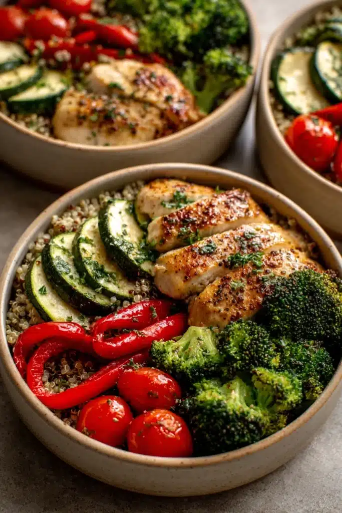 Close-up of a colorful salad with fresh vegetables and herbs, perfect for healthy lunch meal prep